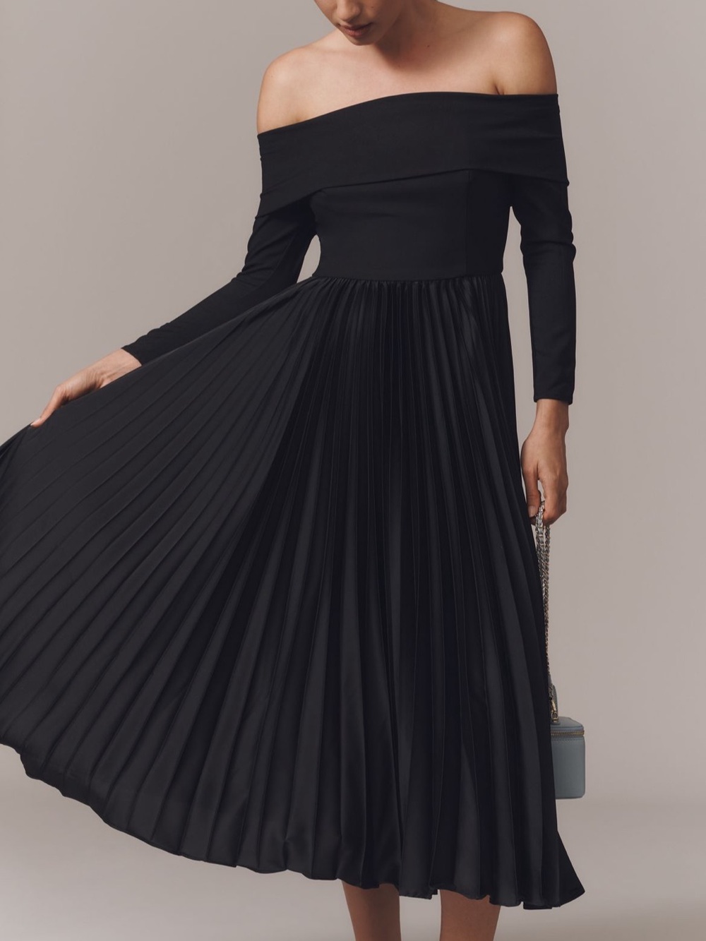 Anthropologie Off-Shoulder Black Pleated Midi Dress